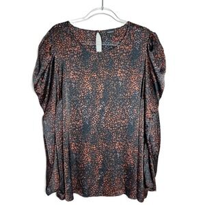 Torrid Womens Plus Size 2X Black Animal Print Puff Sleeve Satin Blouse Top